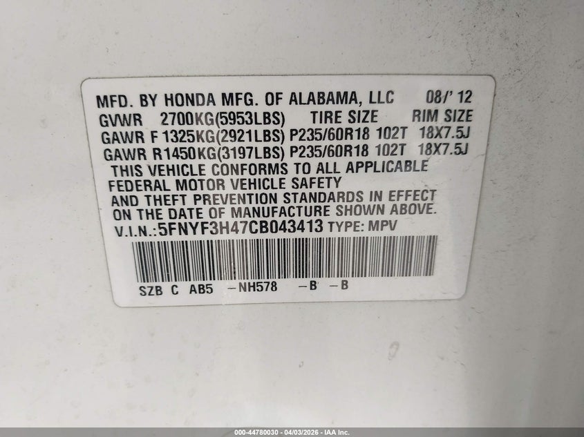 2012 Honda Pilot 3.5 Ex white Lot 111044780030 Vin 5FNYF3H47CB043413