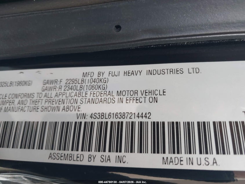 2008 Subaru Legacy 2.5I VIN: 4S3BL616387214442 Lot: 44780130