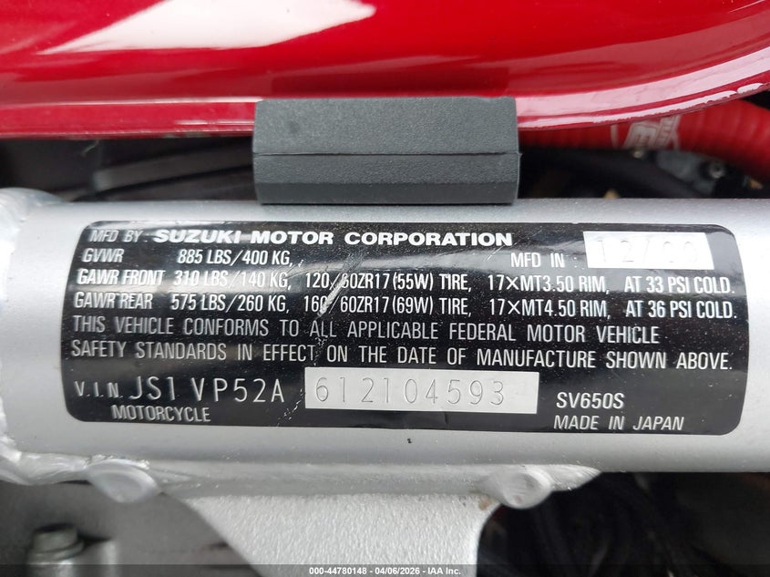2001 Suzuki Sv650 S VIN: JS1VP52A612104593 Lot: 44780148