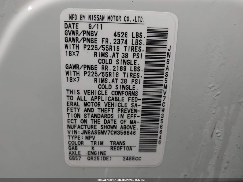 2012 Nissan Rogue Sv W/Sl Pkg VIN: JN8AS5MV7CW356646 Lot: 44780207