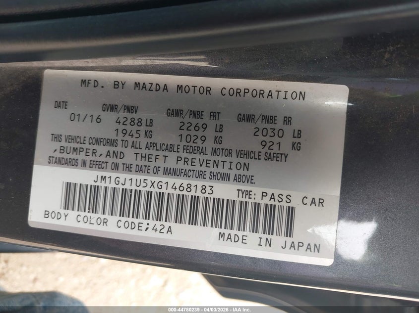 2016 MAZDA 6 SEDAN 2.5L I-4 DI, DOHC, VVT, 184HP