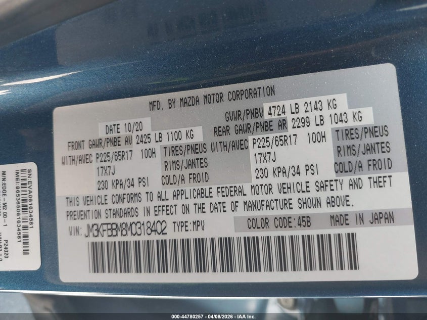 JM3KFBBM8M0318402 2021 Mazda Cx-5 2.5 Sport Blue