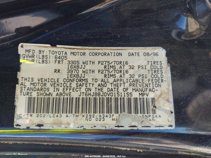 1997 Lexus Lx 450 VIN: JT6HJ88J0V0151155 Lot: 44780280