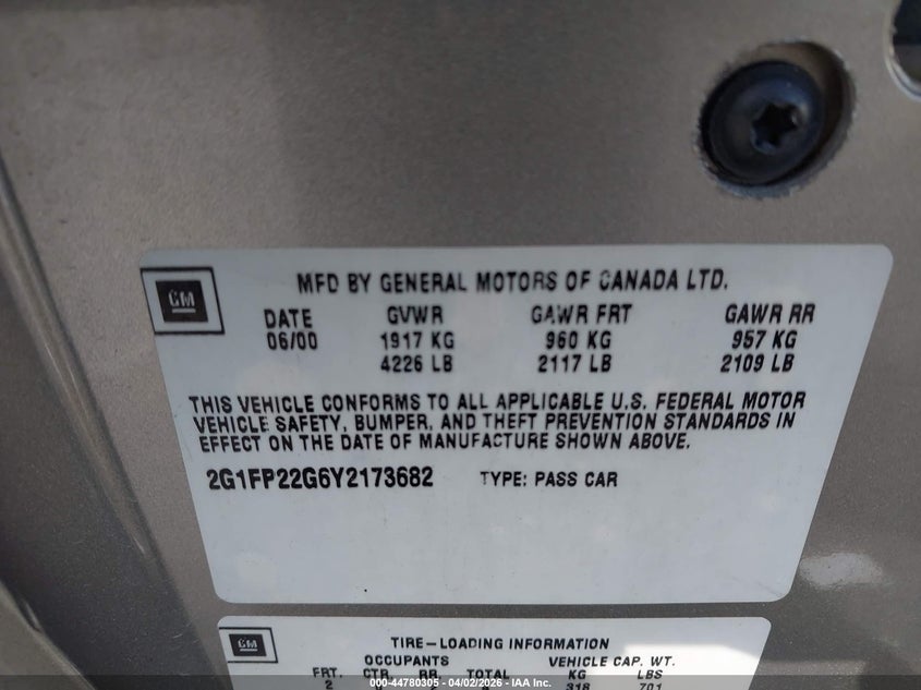 2000 Chevrolet Camaro Z28 VIN: 2G1FP22G6Y2173682 Lot: 44780305