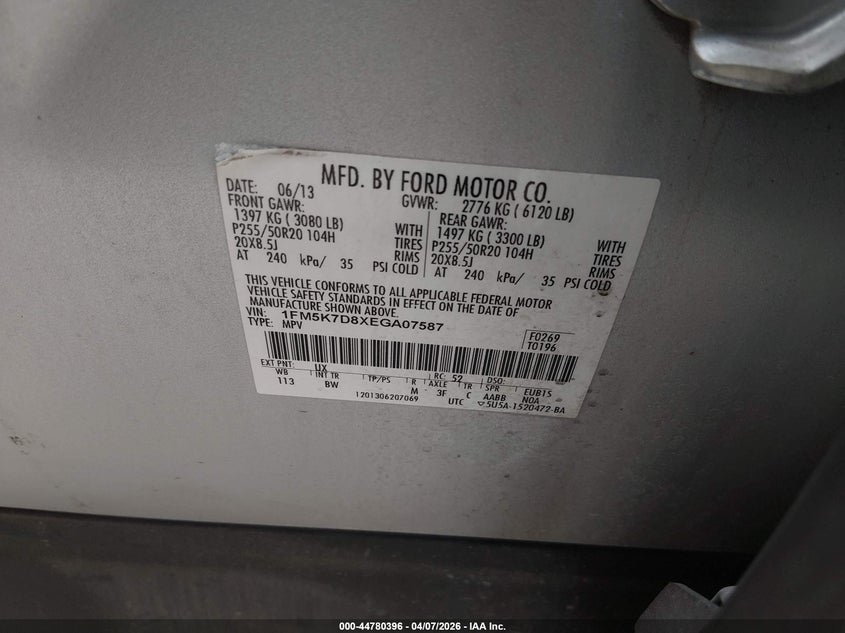 2014 Ford Explorer Xlt VIN: 1FM5K7D8XEGA07587 Lot: 44780396