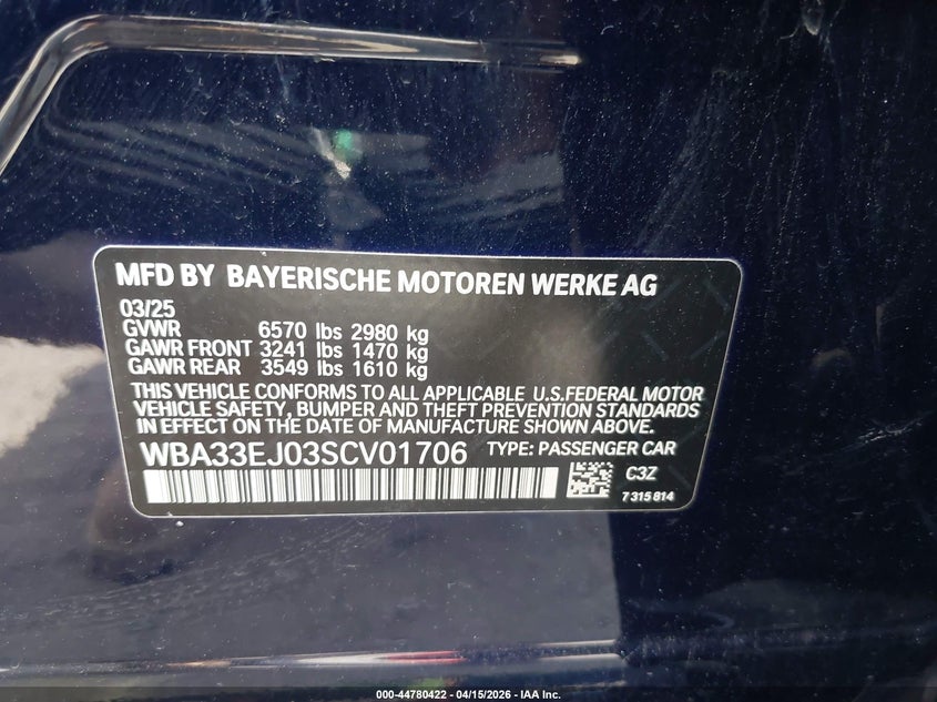 2025 BMW 760I xDrive VIN: WBA33EJ03SCV01706 Lot: 44780422