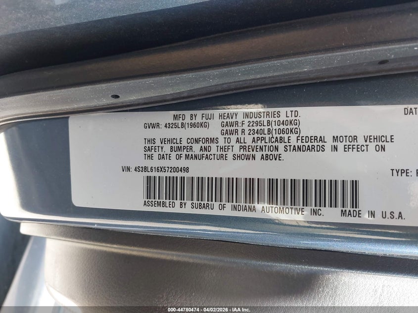 2005 Subaru Legacy 2.5I VIN: 4S3BL616X57200498 Lot: 44780474