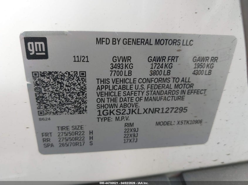 2022 GMC Yukon Xl 4Wd Denali VIN: 1GKS2JKLXNR127295 Lot: 44780521