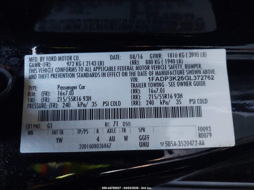 FORD FOCUS 2016 VIN 1FADP3K26GL372762