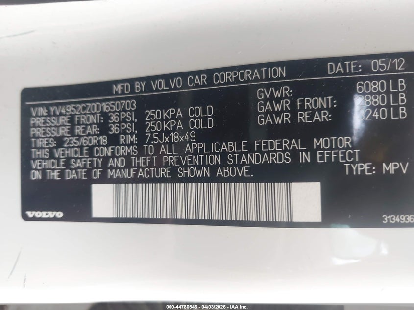 VOLVO XC90 2013 VIN YV4952CZ0D1650703