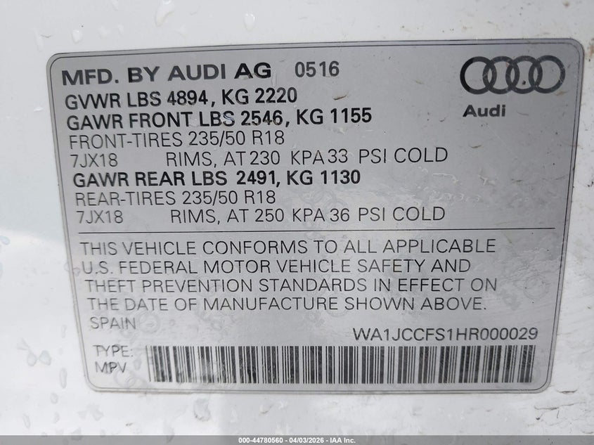 2017 Audi Q3 2.0T Premium VIN: WA1JCCFS1HR000029 Lot: 44780560