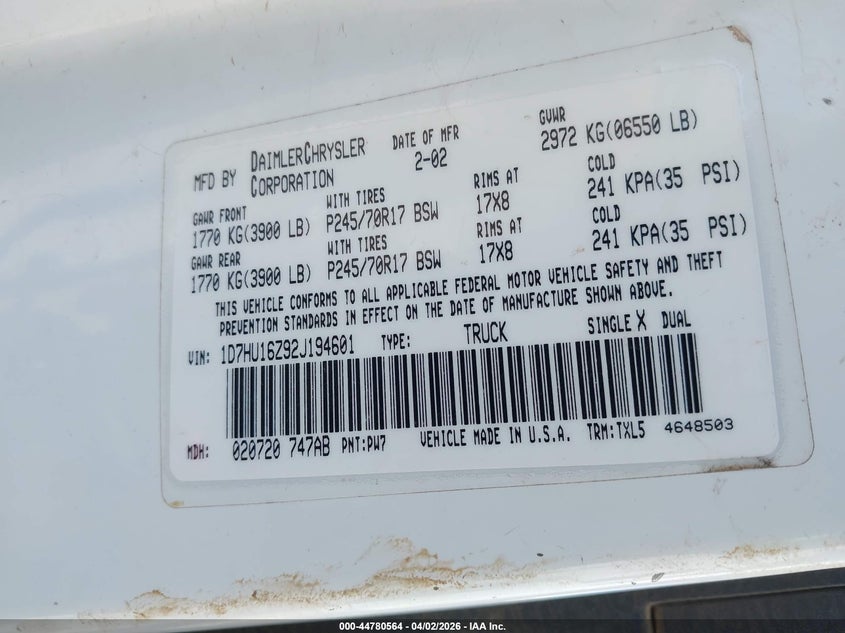 2002 Dodge Ram 1500 St VIN: 1D7HU16Z92J194601 Lot: 44780564