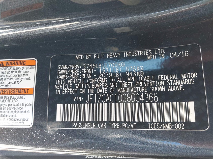 2016 Subaru Brz Limited VIN: JF1ZCAC10G8604366 Lot: 44780576