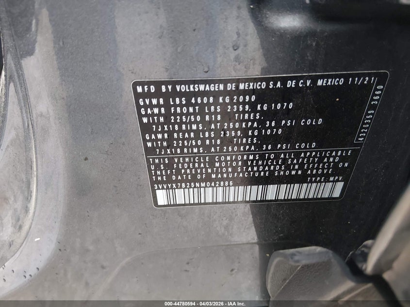 VOLKSWAGEN TAOS 2022 VIN 3VVYX7B25NM042885