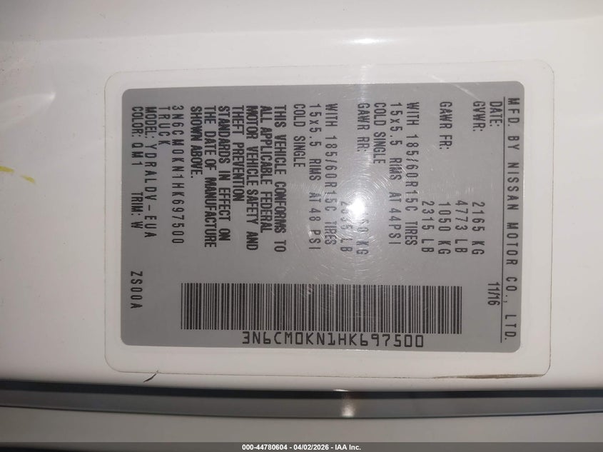 2017 Nissan Nv200 S VIN: 3N6CM0KN1HK697500 Lot: 44780604