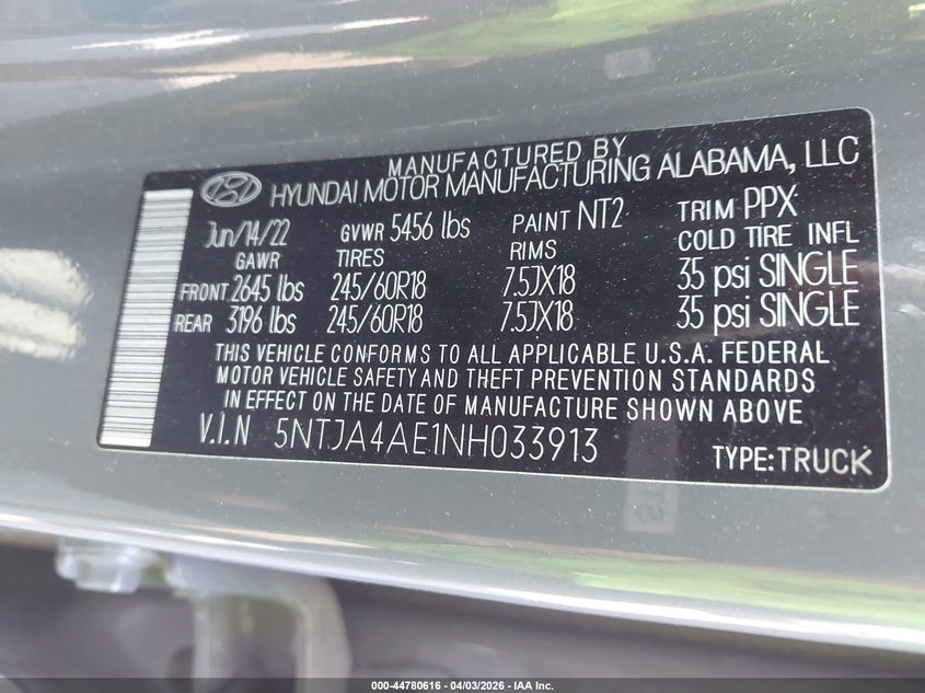 2022 Hyundai Santa Cruz Se VIN: 5NTJA4AE1NH033913 Lot: 44780616