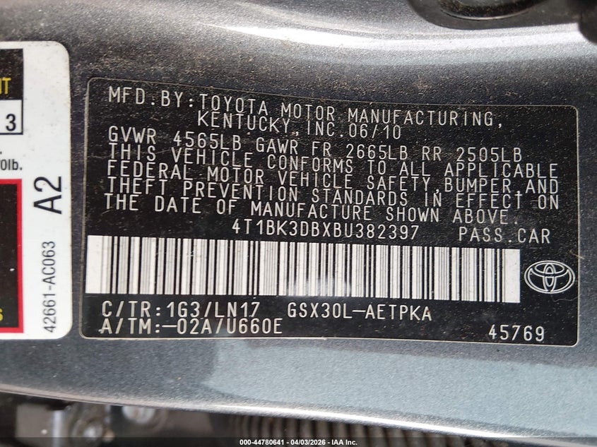 2011 Toyota Avalon Limited VIN: 4T1BK3DBXBU382397 Lot: 44780641