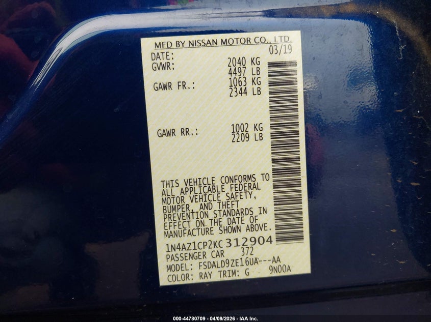 2019 Nissan Leaf Sv VIN: 1N4AZ1CP2KC312904 Lot: 44780709