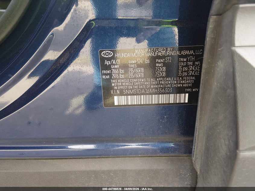 2021 HYUNDAI SANTA FE 2.5L I-4 DI, DOHC, V(VIN: 5NMS1DAJ6MH356303