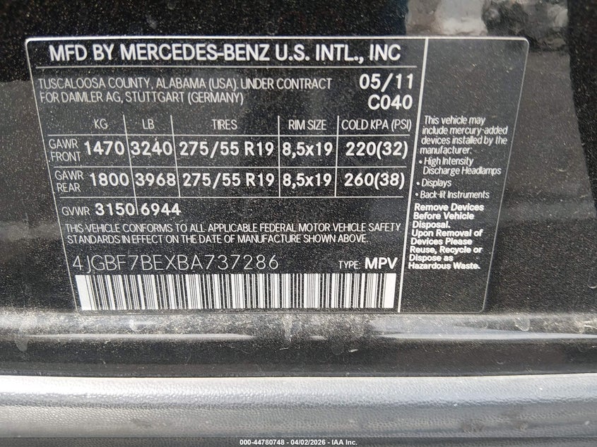 2011 Mercedes-Benz Gl 450 4Matic VIN: 4JGBF7BEXBA737286 Lot: 44780748