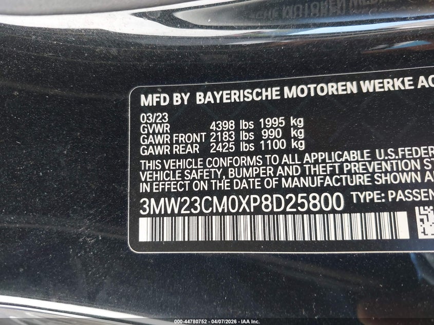 2023 BMW 230 I VIN: 3MW23CM0XP8D25800 Lot: 44780752