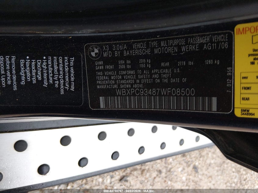 2007 BMW X3 3.0Si VIN: WBXPC93487WF08500 Lot: 44780767