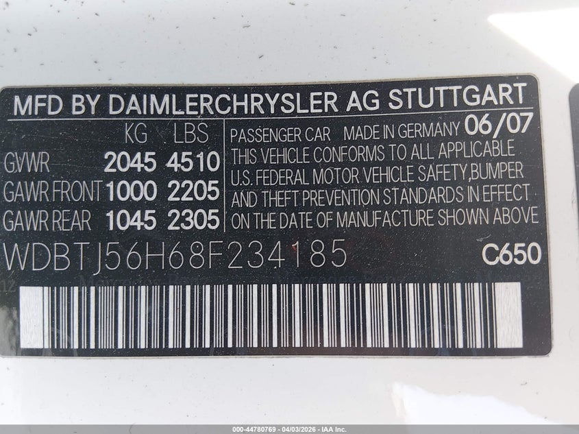 2008 Mercedes-Benz Clk 350 VIN: WDBTJ56H68F234185 Lot: 44780769