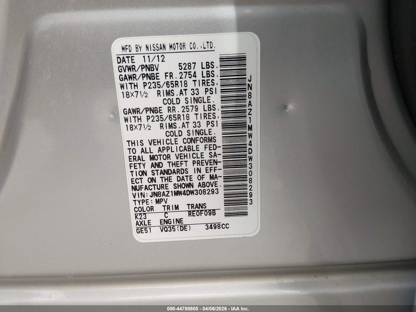 2013 Nissan Murano Sv VIN: JN8AZ1MW4DW308293 Lot: 44780805