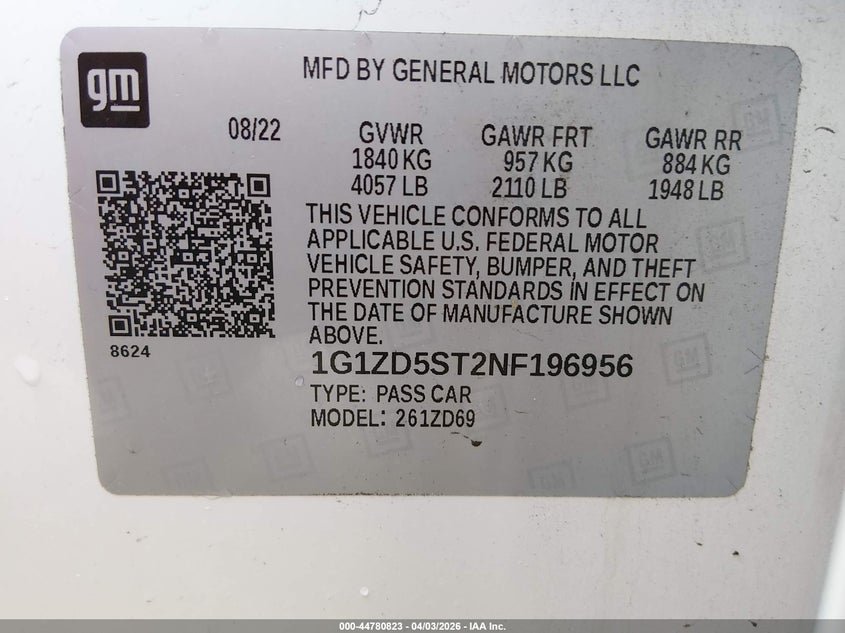VIN 1G1ZD5ST2NF196956 2022 CHEVROLET MALIBU FWD LT