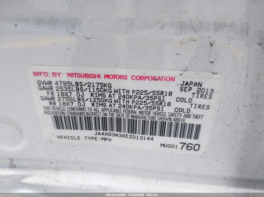 2014 Mitsubishi Outlander Se VIN: JA4AD3A3XEZ013144 Lot: 44780850