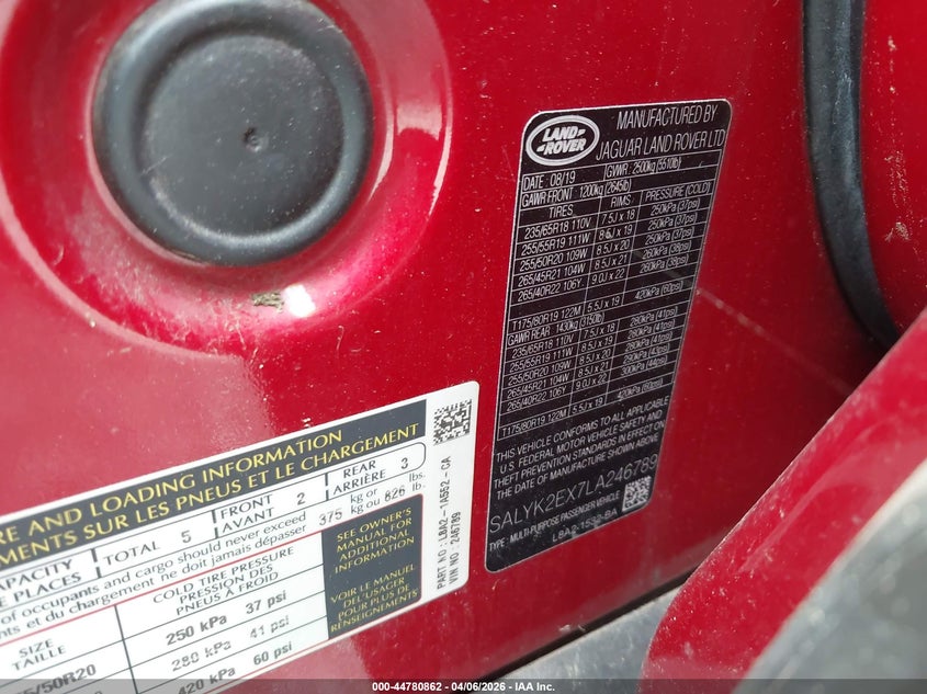 2020 Land Rover Range Rover Velar P250 R-Dynamic S VIN: SALYK2EX7LA246789 Lot: 44780862