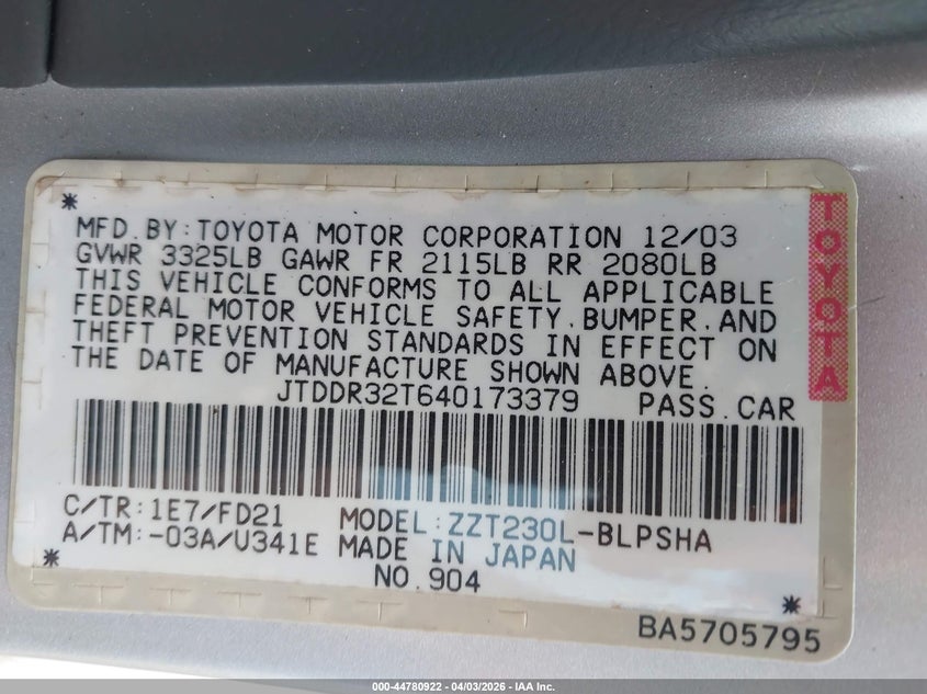 2004 Toyota Celica Gt VIN: JTDDR32T640173379 Lot: 44780922