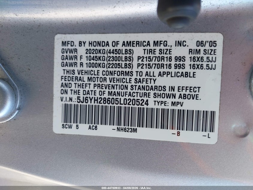 2005 Honda Element Ex VIN: 5J6YH28605L020524 Lot: 44780933