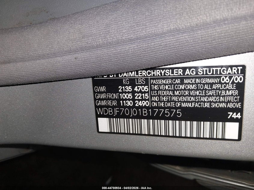 2001 Mercedes-Benz E 430 VIN: WDBJF70J01B177575 Lot: 44780934