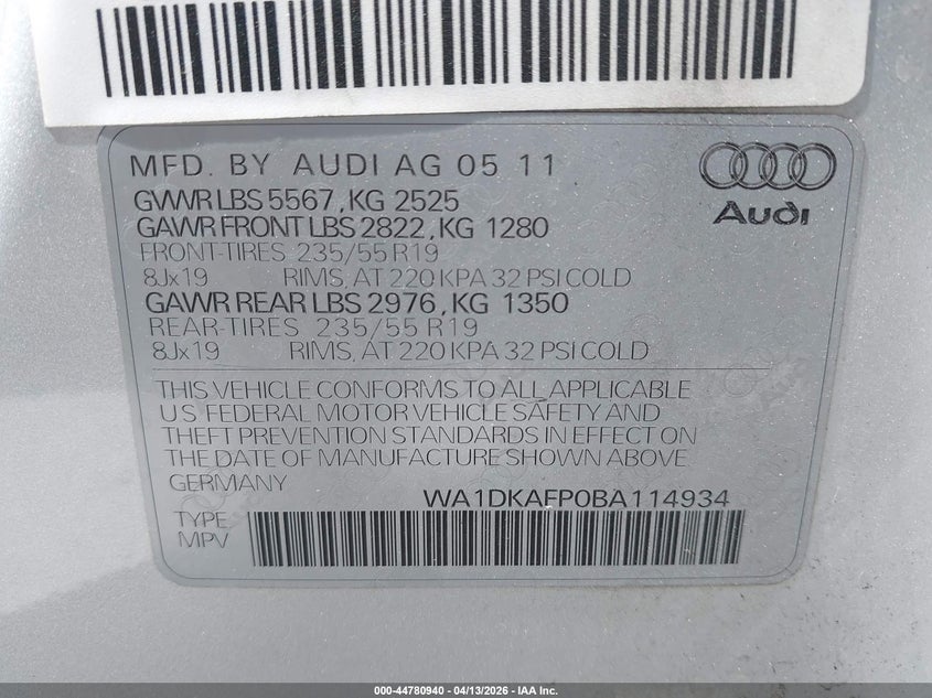2011 Audi Q5 3.2 Premium Plus VIN: WA1DKAFP0BA114934 Lot: 44780940