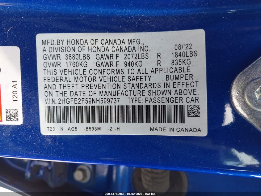 2022 HONDA CIVIC SEDAN 2.0L I-4 DI, DOHC, VVT, 158HP