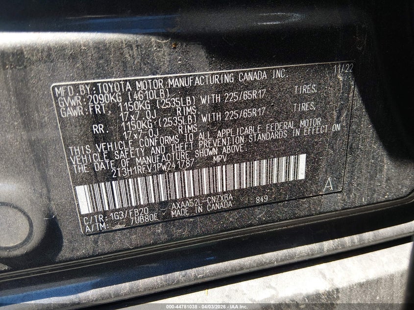 VIN 2T3H1RFV1PW241787 2023 TOYOTA RAV4 LE