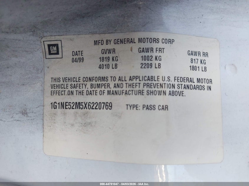 1999 Chevrolet Malibu Ls VIN: 1G1NE52M5X6220769 Lot: 44781047