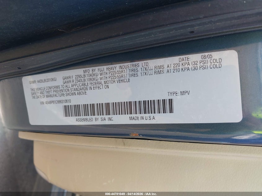 2006 Subaru Outback 2.5I VIN: 4S4BP61C666310610 Lot: 44781049