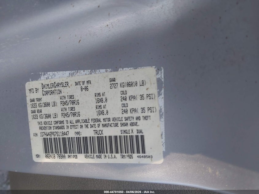 2007 Dodge Dakota Slt VIN: 1D7HW42P67S118447 Lot: 44781050