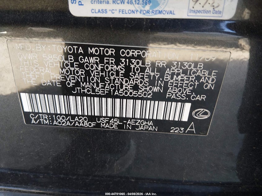 2010 Lexus Ls 460 VIN: JTHCL5EF1A5005502 Lot: 44781065