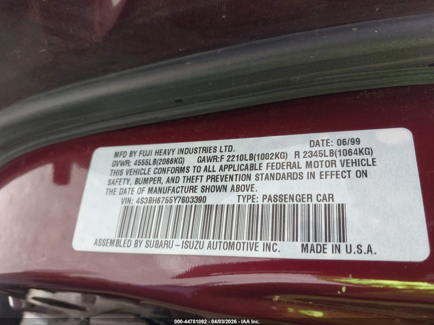 2000 Subaru Outback VIN: 4S3BH6755Y7603390 Lot: 44781092