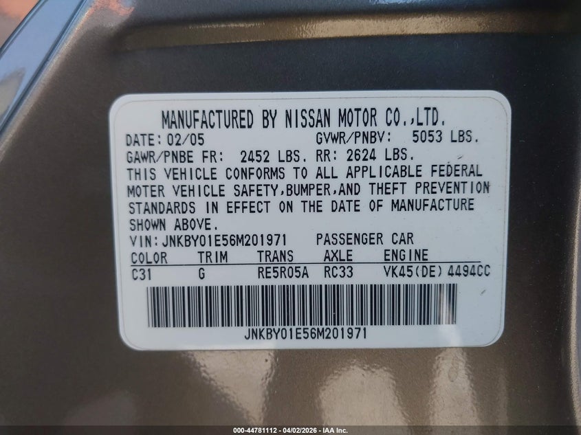 2006 Infiniti M45 VIN: JNKBY01E56M201971 Lot: 44781112