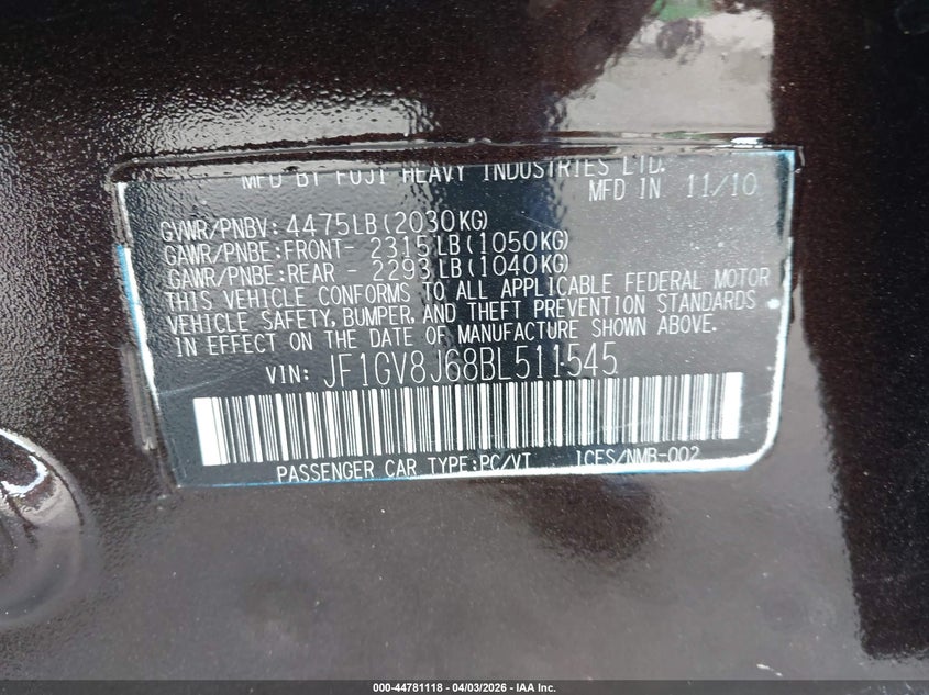 2011 Subaru Impreza Wrx Sti Limited VIN: JF1GV8J68BL511545 Lot: 44781118