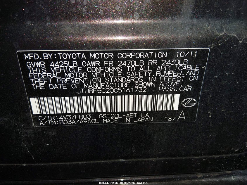 2012 Lexus Is 250 VIN: JTHBF5C20C5161732 Lot: 44781166