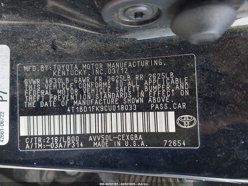 2012 Toyota Camry Hybrid Xle VIN: 4T1BD1FK9CU018033 Lot: 44781181