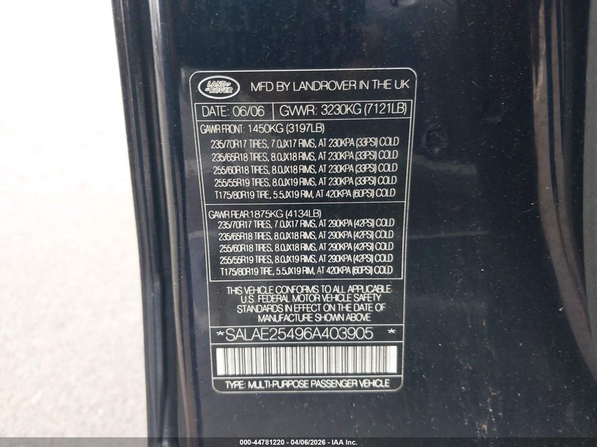 2006 Land Rover Lr3 V8 Se VIN: SALAE25496A403905 Lot: 44781220