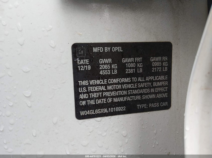 2020 Buick Regal Sportback Fwd Preferred VIN: W04GL6SX9L1016922 Lot: 44781221