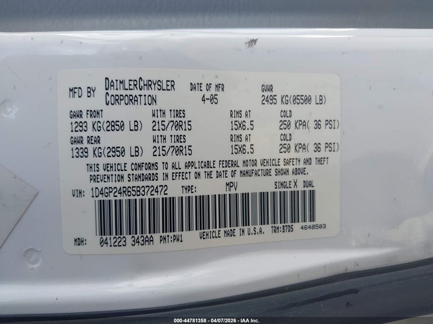 2005 Dodge Grand Caravan Se VIN: 1D4GP24R65B372472 Lot: 44781358