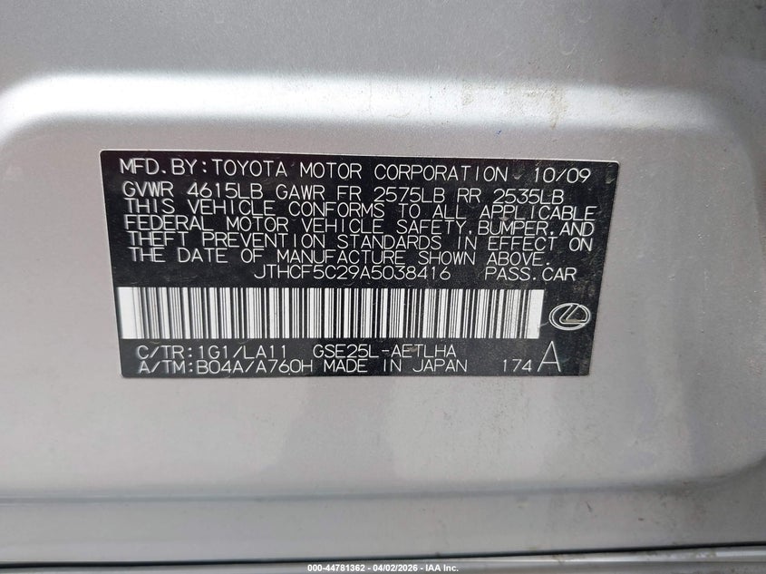 2010 Lexus Is 250 VIN: JTHCF5C29A5038416 Lot: 44781362